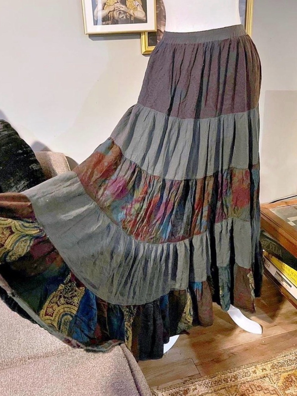 Bohemian Tiered Maxi Skirt in Olive and Brown